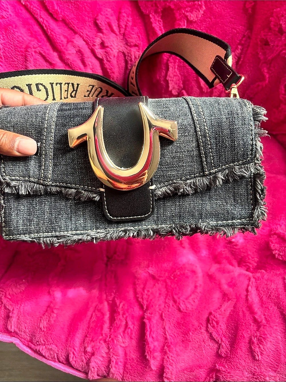 True Religion Frayed Denim Flap Bag with Logo Strap Black